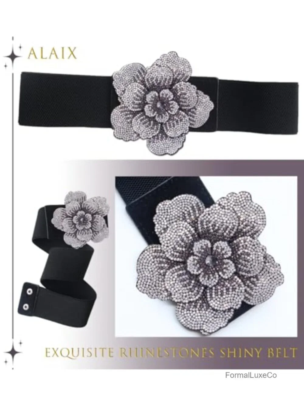 Shiny Flower Buckle Bling Stretchy Wide Dress Belt Elastic Rhinestone